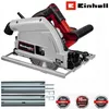 A silver and red Einhell circular saw is shown from a side-angle, with additional accessories and warranty badges displayed below. Produktbild-Vorschau