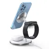 A 3-in-1 wireless charging stand holding a smartphone, smartwatch, and earbuds. Produktbild-Vorschau