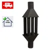 A black chimney cowl with multiple outlets is shown against a white background, with promotional graphics in the top left corner. Produktbild-Vorschau