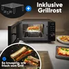 A collage featuring a microwave oven with a grill rack inside, food items like a sandwich and lasagna, and text overlays promoting the product. Produktbild-Vorschau