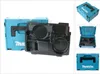 A collage of images showing a blue Makita tool case with a black insert. Produktbild-Vorschau