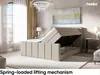 A bedroom scene featuring a king-size bed with its storage compartment open, showcasing the lifting mechanism. Produktbild-Vorschau