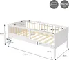 A diagram of a white children's bed with dimensions indicated by text and lines. Produktbild-Vorschau