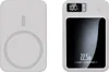 Two views of a white power bank are shown side-by-side against a white background. The left view shows the back of the power bank with a circular magnetic charging area. The right view shows the front of the power bank with a black reflective screen displa Produktbild-Vorschau