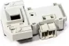 A white washing machine door lock mechanism with electrical connectors. Produktbild-Vorschau