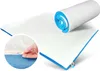 A rolled-up mattress topper is shown on top of an unrolled mattress topper, with a close-up inset showing a hand zipping the cover. Produktbild-Vorschau