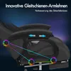 Close-up of a gaming chair's armrest and support structure, with colorful lines highlighting adjustable features. Produktbild-Vorschau