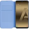 A blue book-style phone case is open, revealing a smartphone screen displaying the time and date. Produktbild-Vorschau