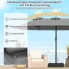 A double patio umbrella is shown on a balcony with a chair and plants. Text overlays describe the umbrella's features. Náhled obrázku produktu