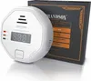 A white carbon monoxide alarm is shown next to its black and orange packaging. Podgląd zdjęcia produktu