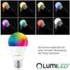 A collage of LED light bulbs in different colors, with a larger image of a multi-colored LED bulb and text describing its features. Produktbild-Vorschau