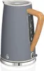 A grey electric kettle with a wooden handle is shown against a white background. Produktbild-Vorschau