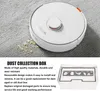A robotic vacuum cleaner is shown on a carpet next to some debris, and a separate image of a dust collection box is displayed below with descriptive text. Produktbild-Vorschau