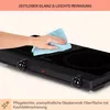 A hand is cleaning a black electric stovetop with a blue cloth. Text overlays describe the product's features. Produktbild-Vorschau