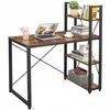 A desk with a bookshelf attached, featuring a laptop, books, and headphones. Podgląd zdjęcia produktu