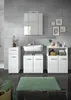 A modern bathroom vanity set with a sink, mirror, and storage cabinets. Produktbild-Vorschau