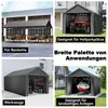 A collage of four images showing different uses of a gray carport tent. Náhled obrázku produktu
