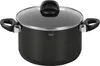 A black pot with a glass lid and black handles, shown from a front-side angle. Produktbild-Vorschau