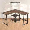 A diagram showing the dimensions of an L-shaped desk with shelves. Produktbild-Vorschau