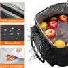 A black insulated lunch bag filled with fruits and water, with close-up shots of its features on the left side. Produktbild-Vorschau