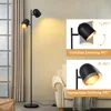 A floor lamp with two adjustable heads is shown in a living room setting, with inset images demonstrating its adjustable features. Produktbild-Vorschau