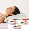 A woman sleeping on a pillow, with inset diagrams showing pillow height options. Produktbild-Vorschau