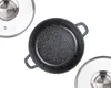 A top-down view of a speckled black pot and two glass lids, arranged on a white background. Náhled obrázku produktu