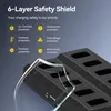 A close-up view of a black multi-charger with protective shields overlaid, highlighting safety features. Voir les images du produit