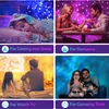 Collage of four scenes showing different uses of a light projector: a child sleeping, a couple on a date, a family watching TV, and a couple gaming. Produktbild-Vorschau