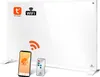 A white infrared heater with a smartphone and remote control in the foreground, displaying app control features. Produktbild-Vorschau