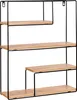 A wall-mounted shelf unit with wooden shelves and a black metal frame. Náhled obrázku produktu