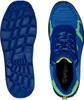 A top-down view of a pair of blue and green athletic shoes, with the sole of one shoe shown separately. Produktbild-Vorschau