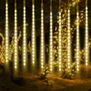 Outdoor nighttime scene with trees decorated with hanging string lights. Produktbild-Vorschau