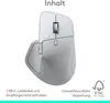 A white Logitech MX Master 4 mouse is shown against a white background, with text and logos indicating product details and environmental information. Produktbild-Vorschau
