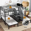 A multi-level bunk bed with a ladder and storage, set up in a room with furniture and decorations. Voir les images du produit