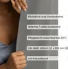 A person's hands are holding a gray fabric, with text overlays describing the product's features. Produktbild-Vorschau