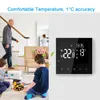 A split image showing a family in a living room on the left and a digital thermostat on the right. Podgląd zdjęcia produktu
