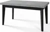 A modern dining table with a gray tabletop and black legs, shown from a slight angle against a white background. Produktbild-Vorschau