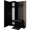 A black and wood-grain entryway cabinet with a bench and coat hooks. Produktbild-Vorschau