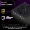 A close-up, angled view of a black computer power supply unit with various certifications and warranty information displayed on the left side. Produktbild-Vorschau