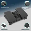 A collage of images showing an ergonomic footrest with text overlays highlighting its features. Produktbild-Vorschau