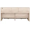 A front view of a light wood-tone bed frame with a headboard. Produktbild-Vorschau