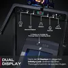 Close-up of a treadmill console with feature callouts and text. Produktbild-Vorschau