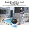 A split image showing a woman in a backyard with a swimming pool on the left, and the same woman in a different pose on the right, with a security camera in the foreground. Produktbild-Vorschau