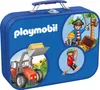 A blue tin box with Playmobil characters and a tractor depicted on it. Produktbild-Vorschau