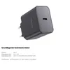 A close-up, angled view of a dark gray USB-C charger with technical specifications listed below. Produktbild-Vorschau