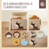 A marketing image showing two fabric storage boxes with horse designs, filled with stuffed toys, and a row of circular fabric patches with various animal designs below them. Voir les images du produit