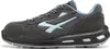 A side view of a single gray and blue athletic shoe. Voir les images du produit