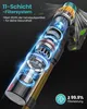 A cutaway diagram of a cordless vacuum cleaner's filtration system, highlighting its multi-layer filter and showing air flow with blue glowing lines and green leaves. Produktbild-Vorschau