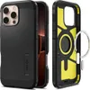 A black iPhone case with a yellow interior, shown from the front and side, with a magnetic ring accessory. Produktbild-Vorschau